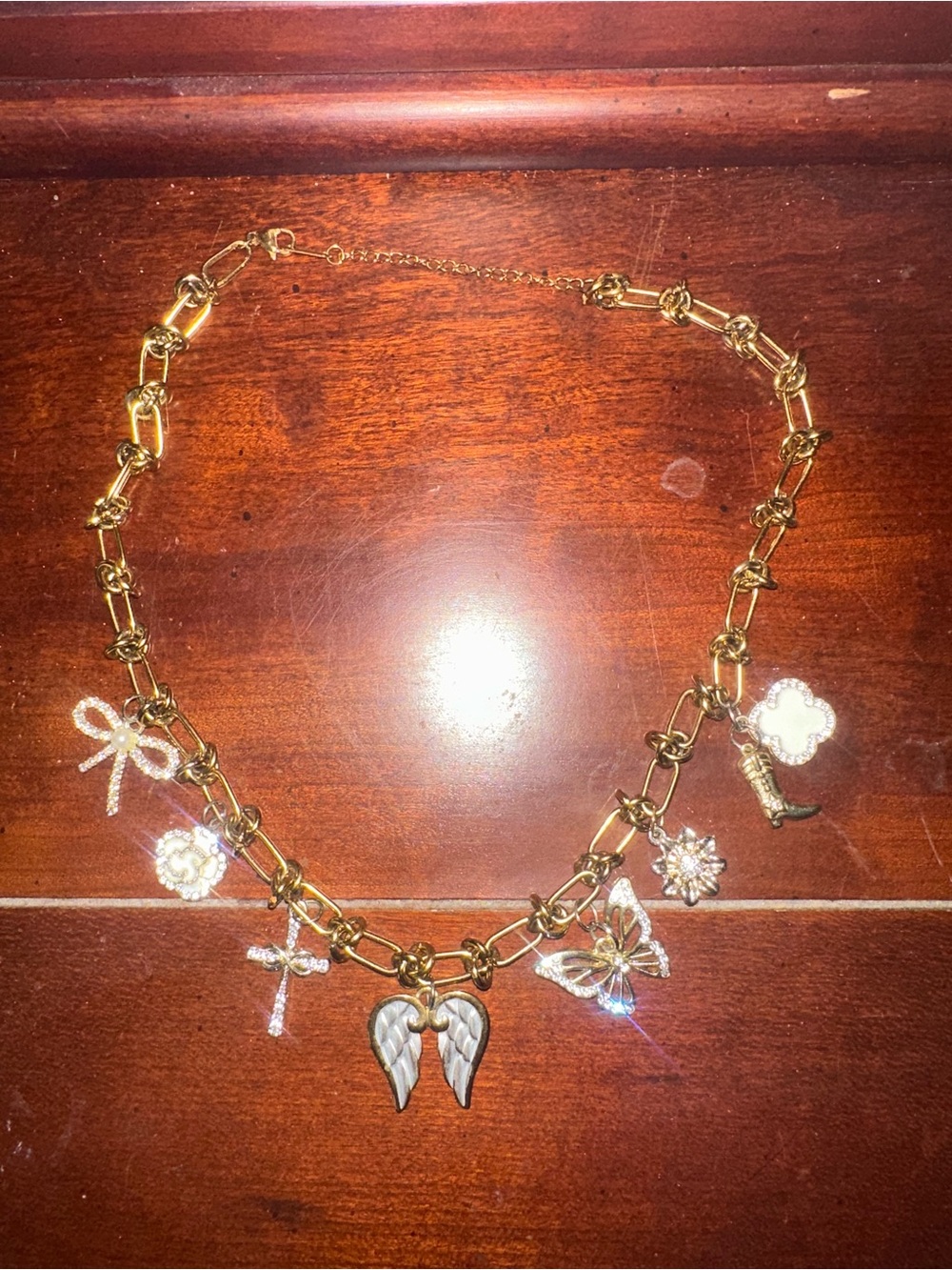Gold Charm Link Necklace with Angel Wings and Crystal Accents